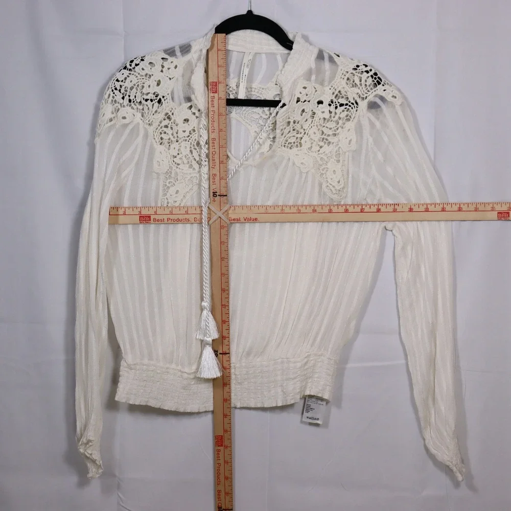 Anthropologie‎ Lace Trim Blouse 10 Ivory Womens Boho Tassel Peasant Top